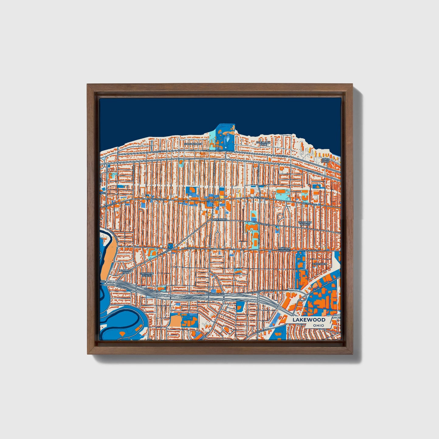 Lakewood Ohio Colorful City Map Canvas Print • Dark Wooden Framed