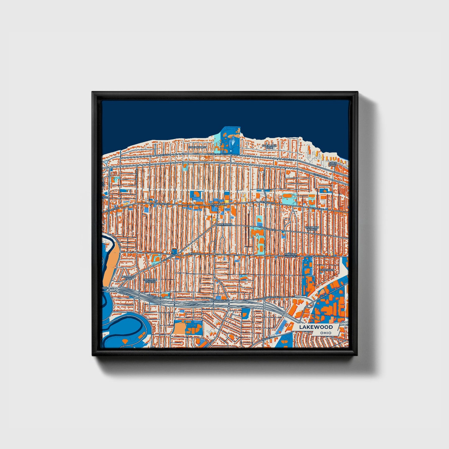 Lakewood Ohio Colorful City Map Canvas Print • Black Framed
