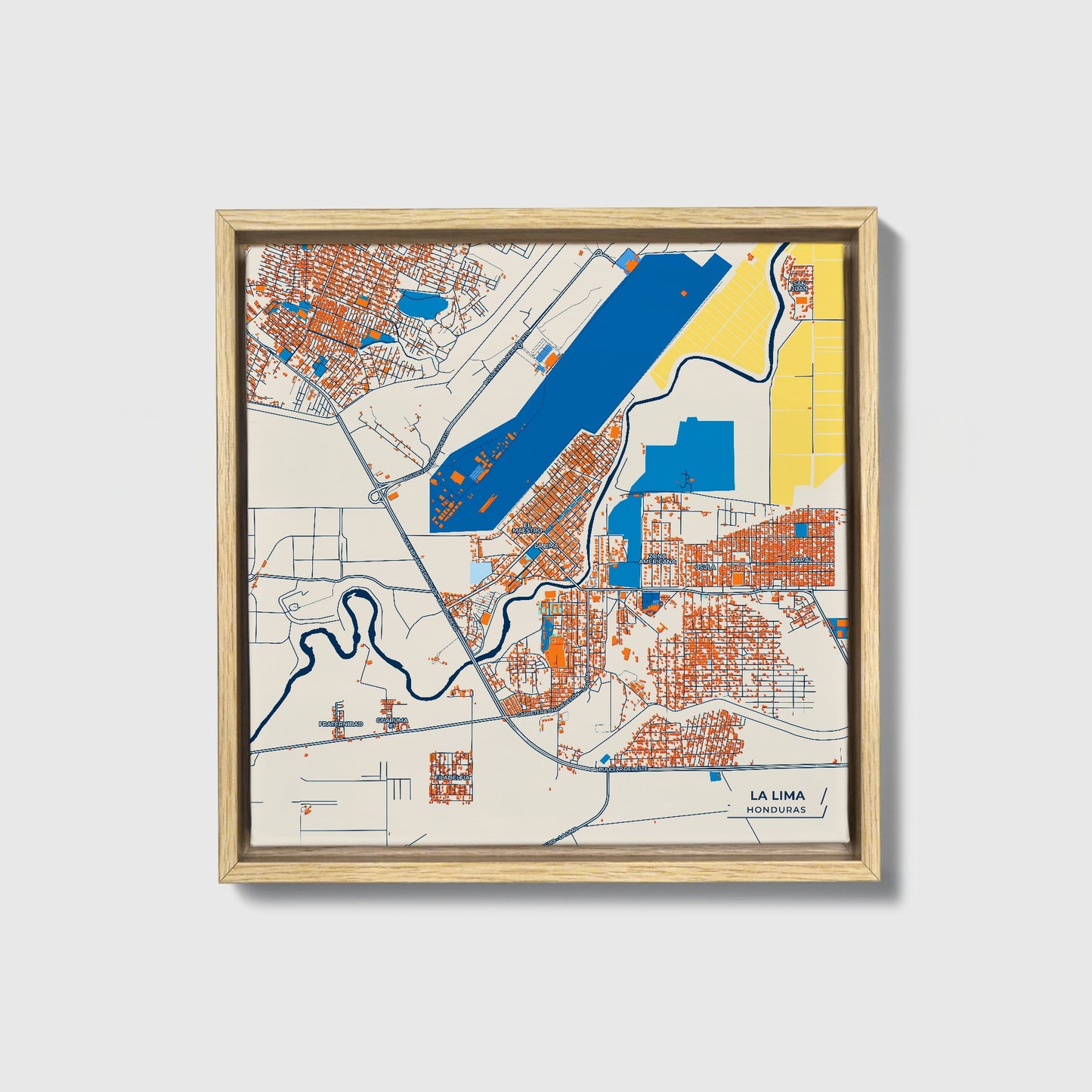 La Lima Honduras Colorful City Map Canvas Print • Natural Wooden Framed