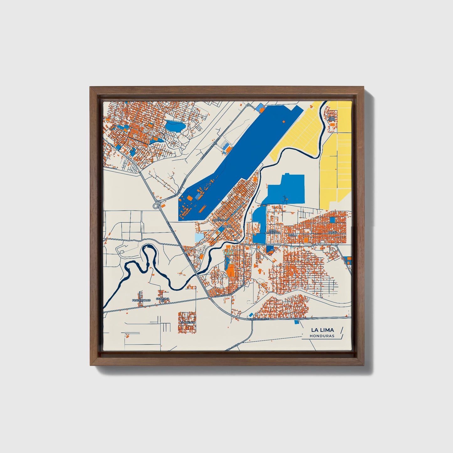 La Lima Honduras Colorful City Map Canvas Print • Dark Wooden Framed