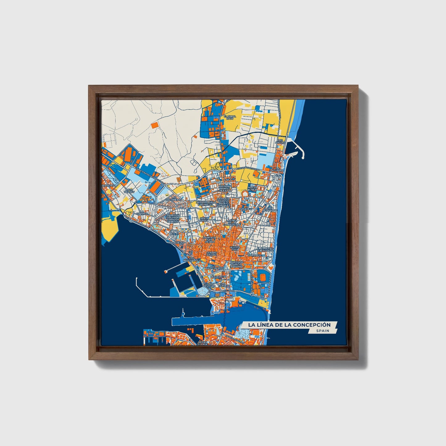 La Línea De La Concepción Spain Colorful City Map Canvas Print • Dark Wooden Framed