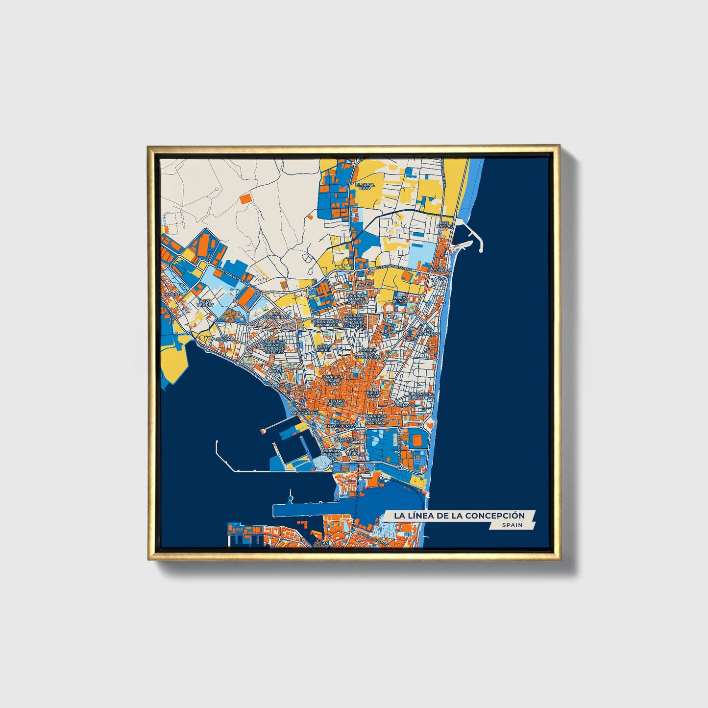 La Línea De La Concepción Spain Colorful City Map Canvas Print • Gold Framed