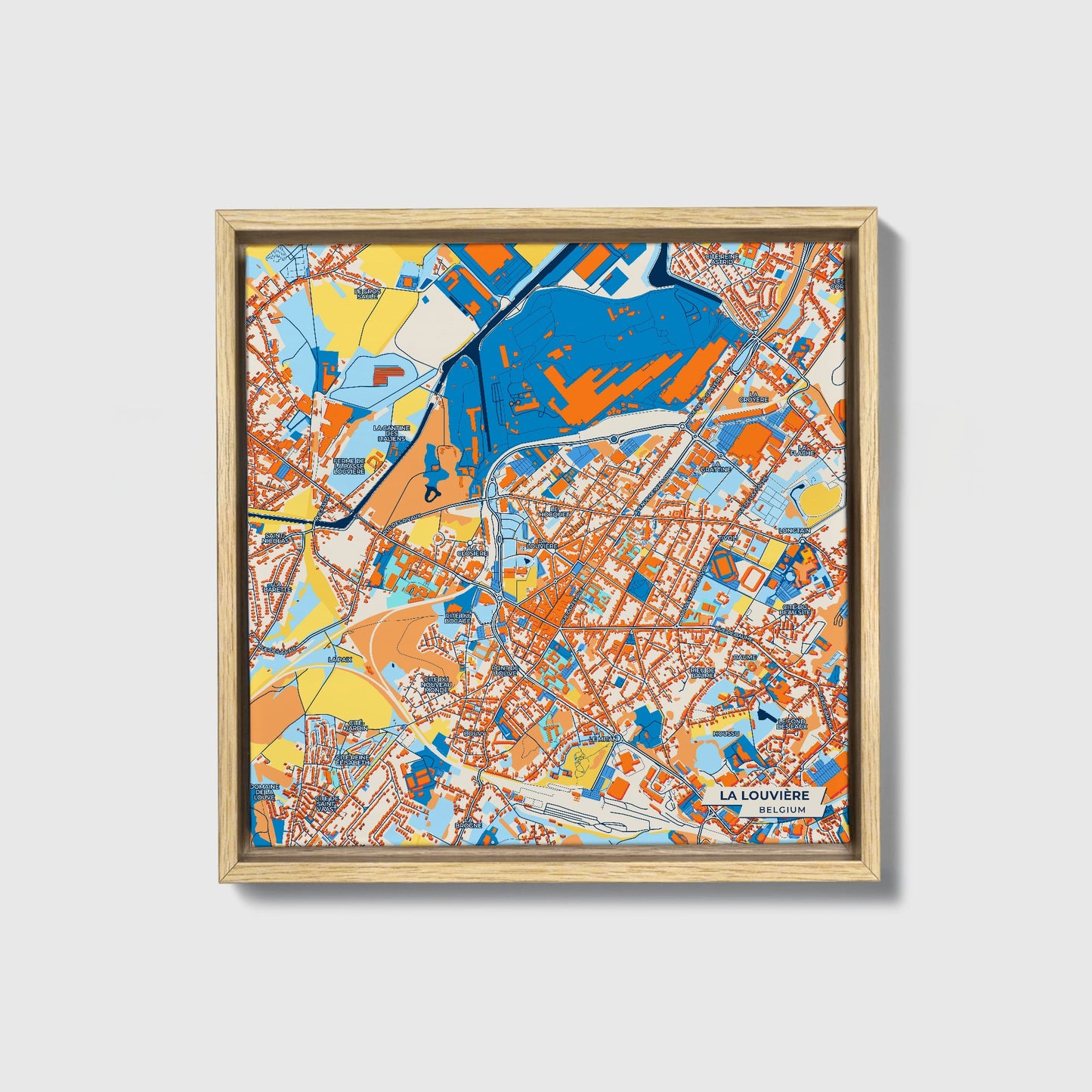 La Louvière Belgium Colorful City Map Canvas Print • Natural Wooden Framed
