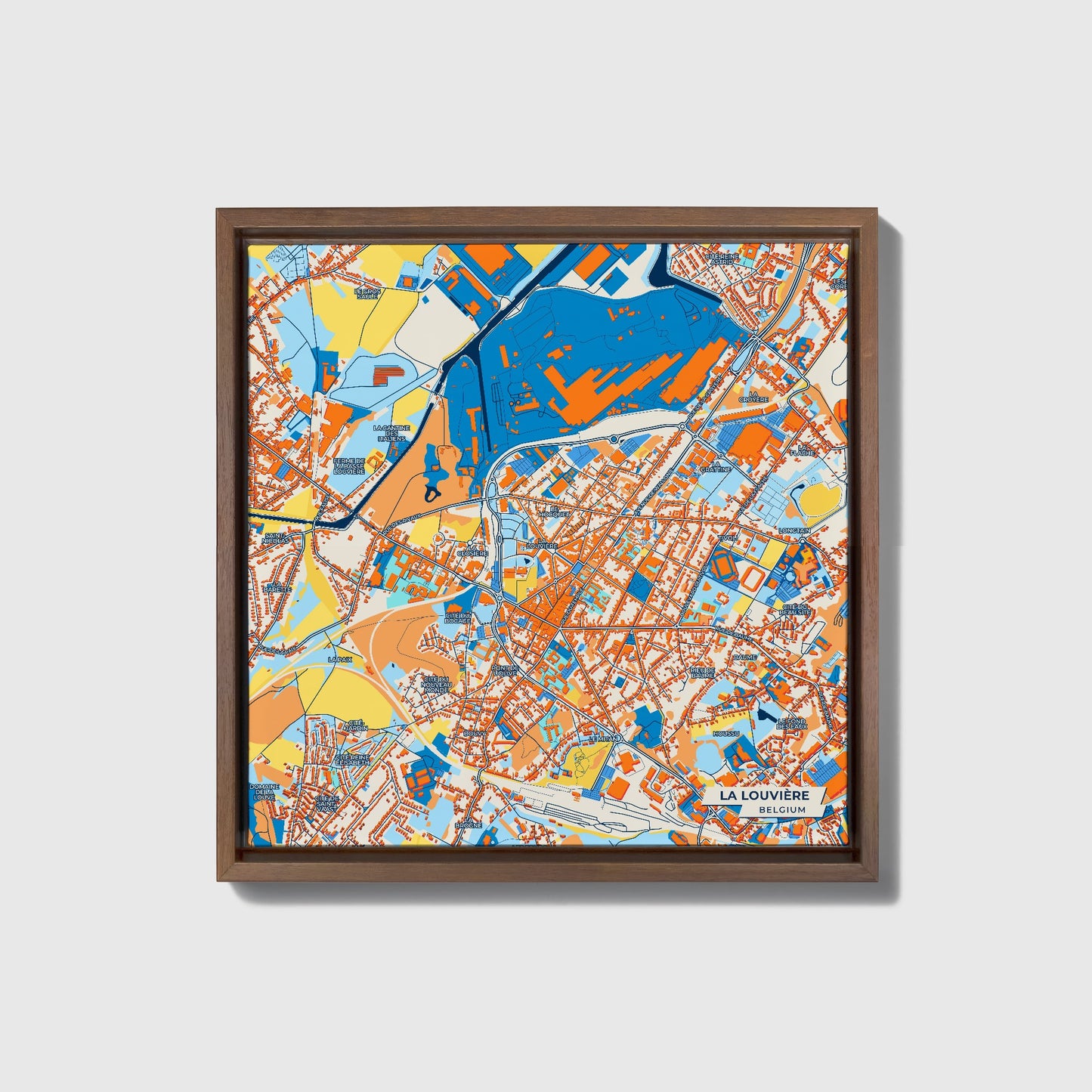 La Louvière Belgium Colorful City Map Canvas Print • Dark Wooden Framed