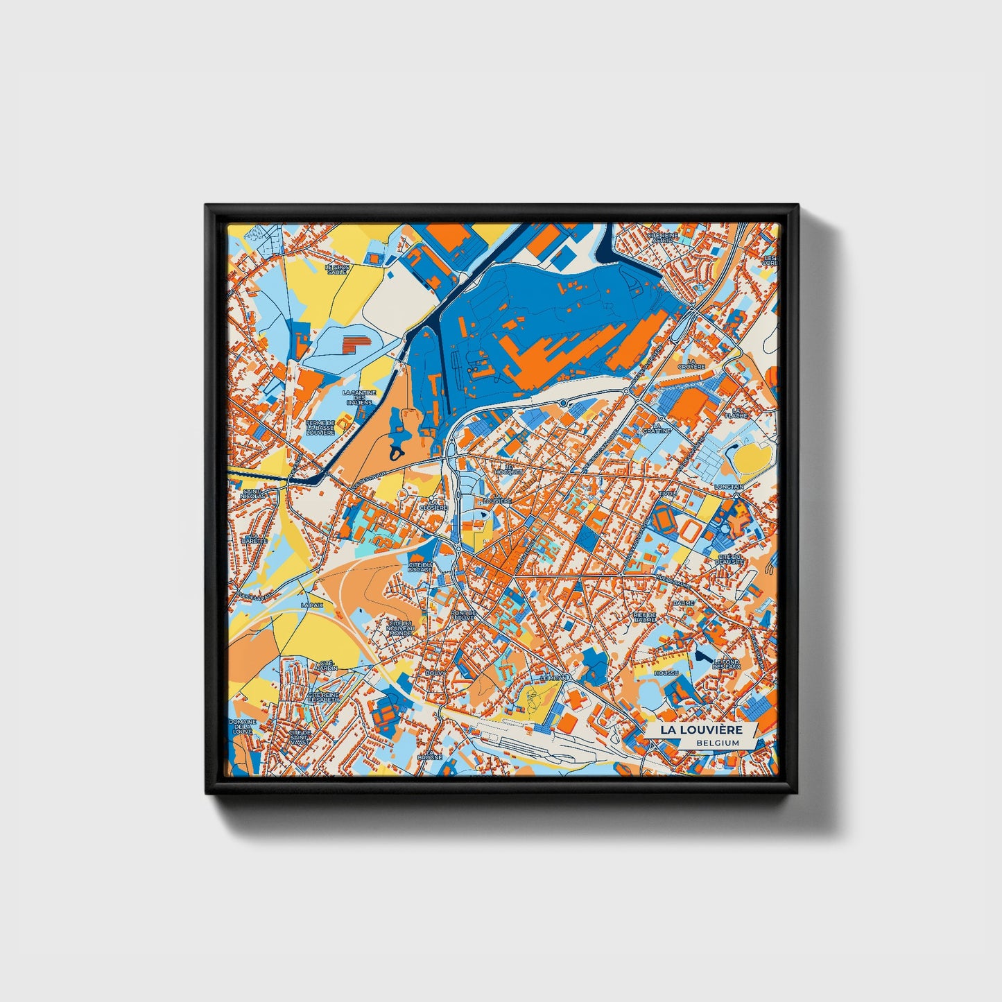 La Louvière Belgium Colorful City Map Canvas Print • Black Framed