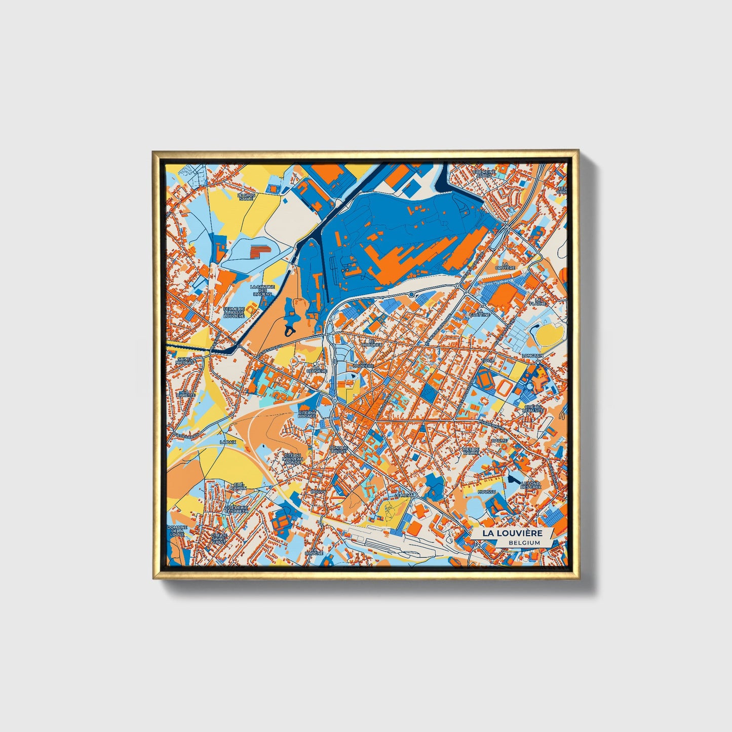 La Louvière Belgium Colorful City Map Canvas Print • Gold Framed