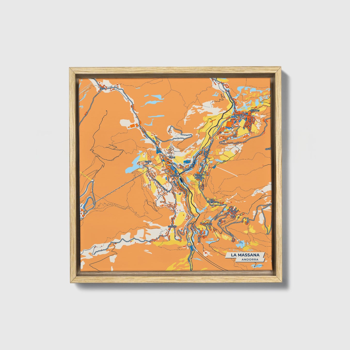La Massana Andorra Colorful City Map Canvas Print • Natural Wooden Framed