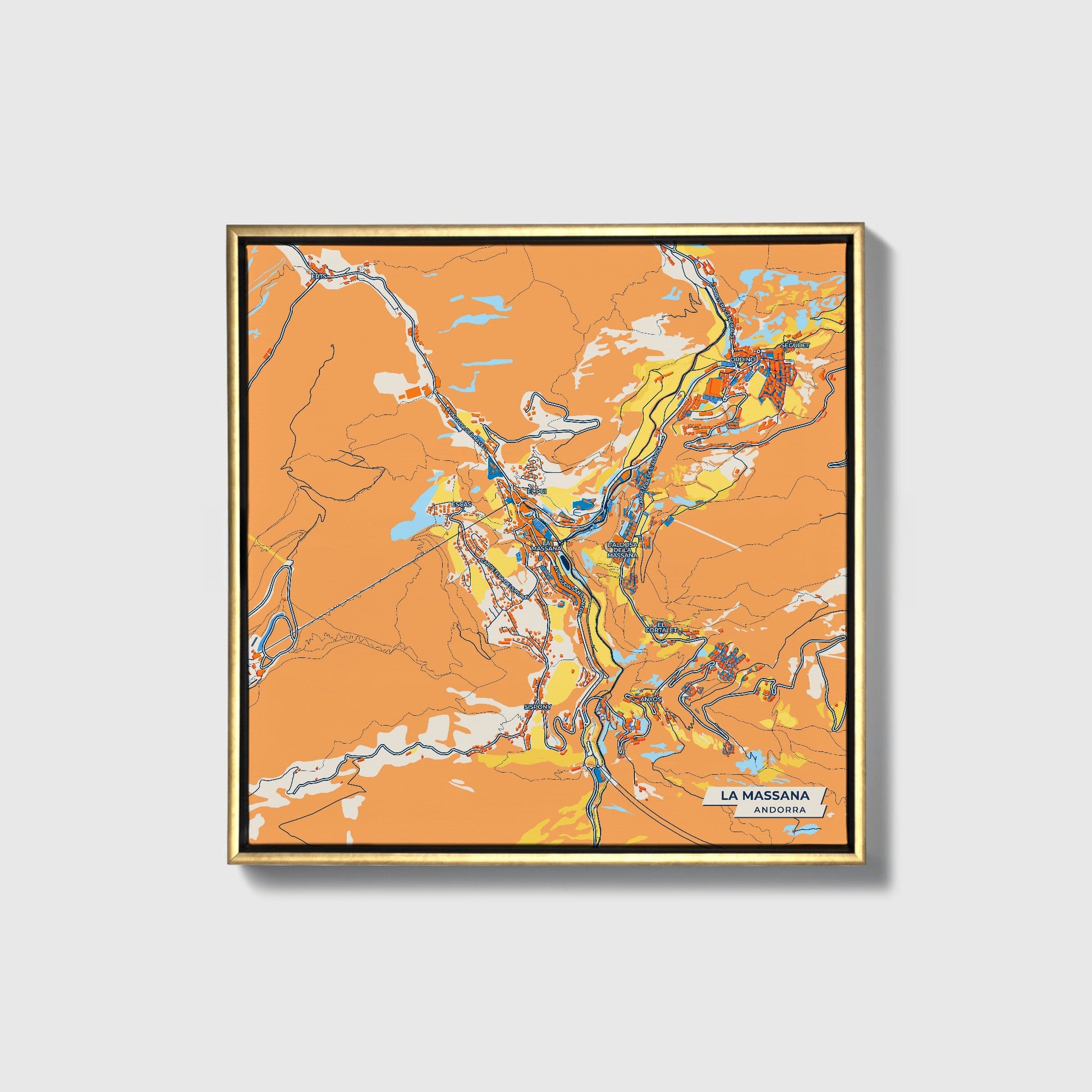 La Massana Andorra Colorful City Map Canvas Print • Gold Framed