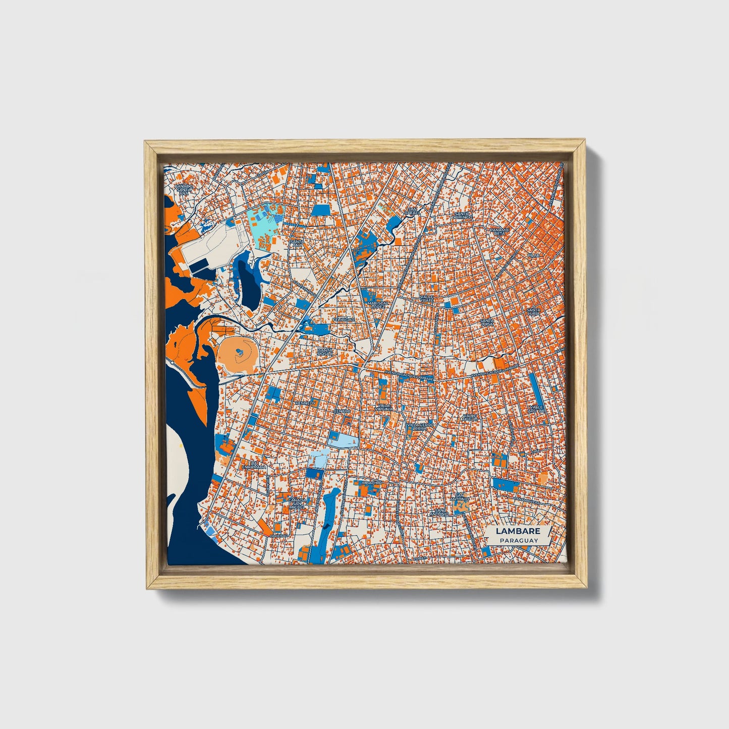 Lambare Paraguay Colorful City Map Canvas Print • Natural Wooden Framed