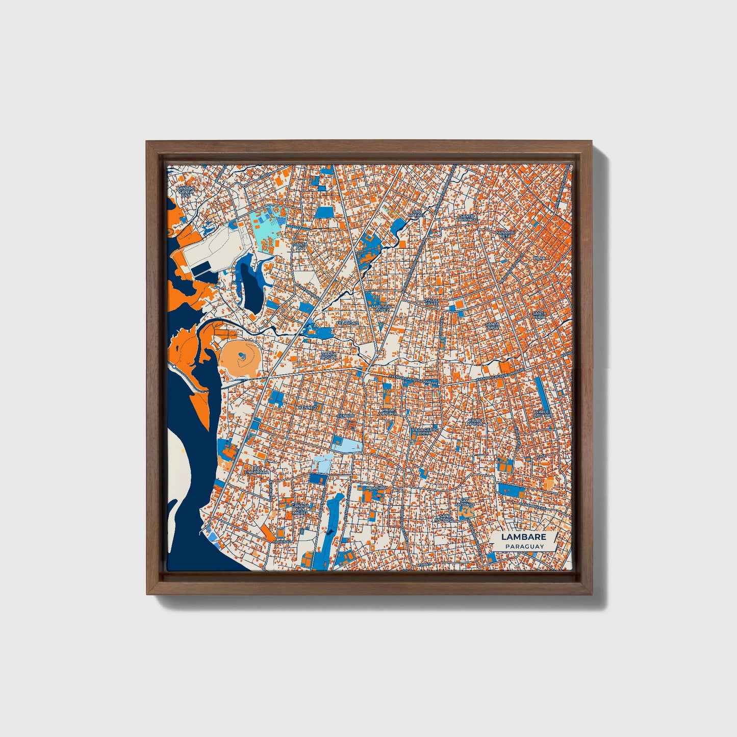 Lambare Paraguay Colorful City Map Canvas Print • Dark Wooden Framed