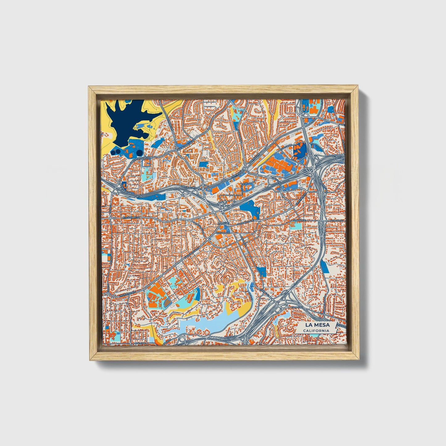 La Mesa California Colorful City Map Canvas Print • Natural Wooden Framed