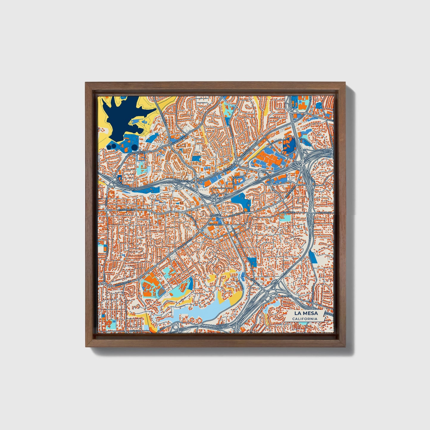 La Mesa California Colorful City Map Canvas Print • Dark Wooden Framed