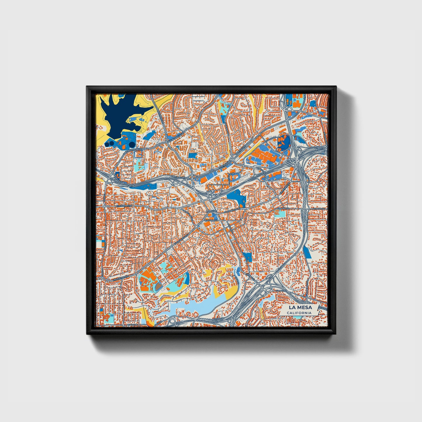 La Mesa California Colorful City Map Canvas Print • Black Framed
