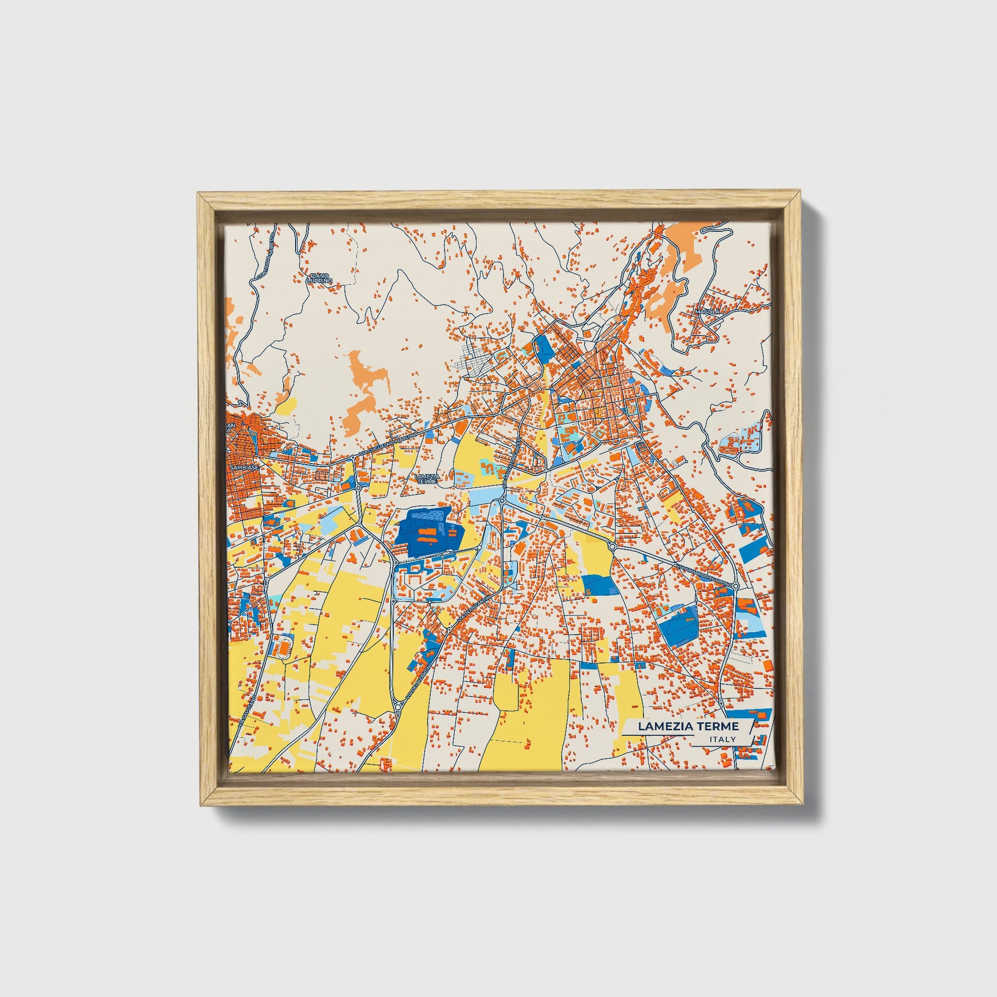 Lamezia Terme Italy Colorful City Map Canvas Print • Natural Wooden Framed