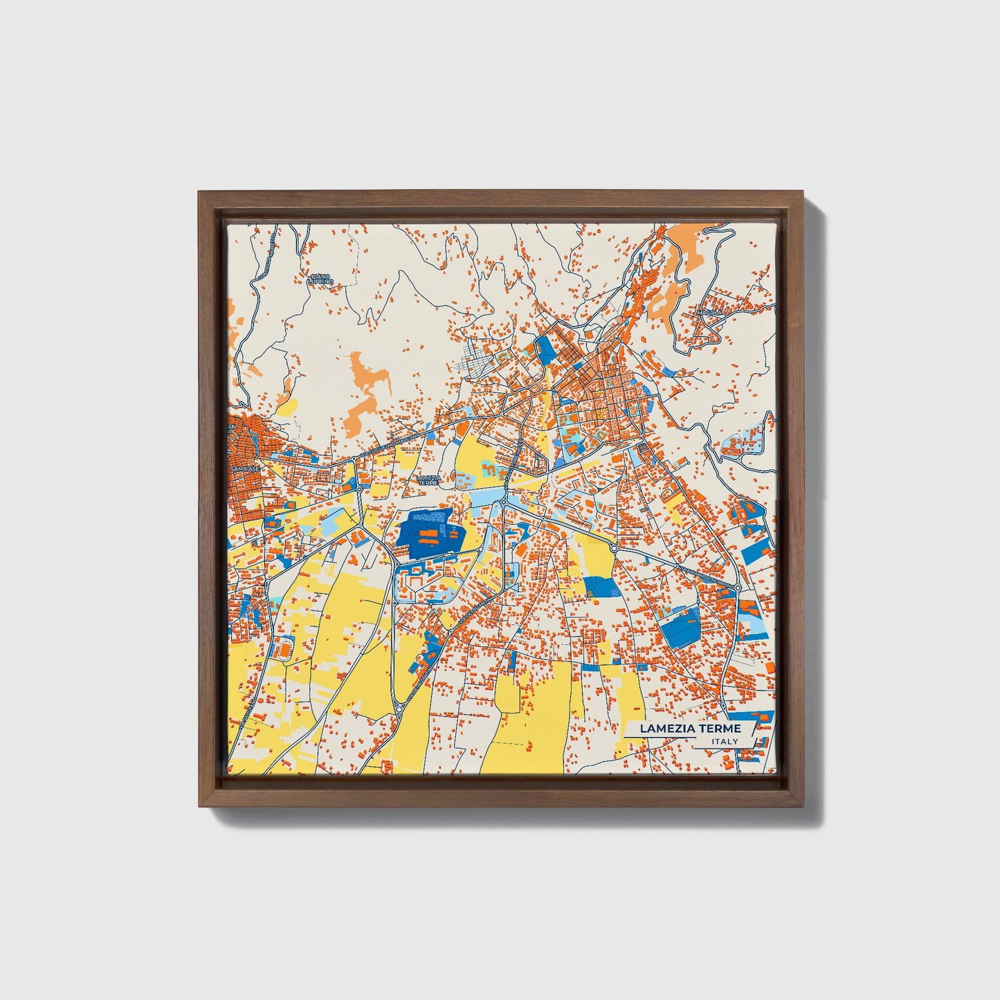 Lamezia Terme Italy Colorful City Map Canvas Print • Dark Wooden Framed