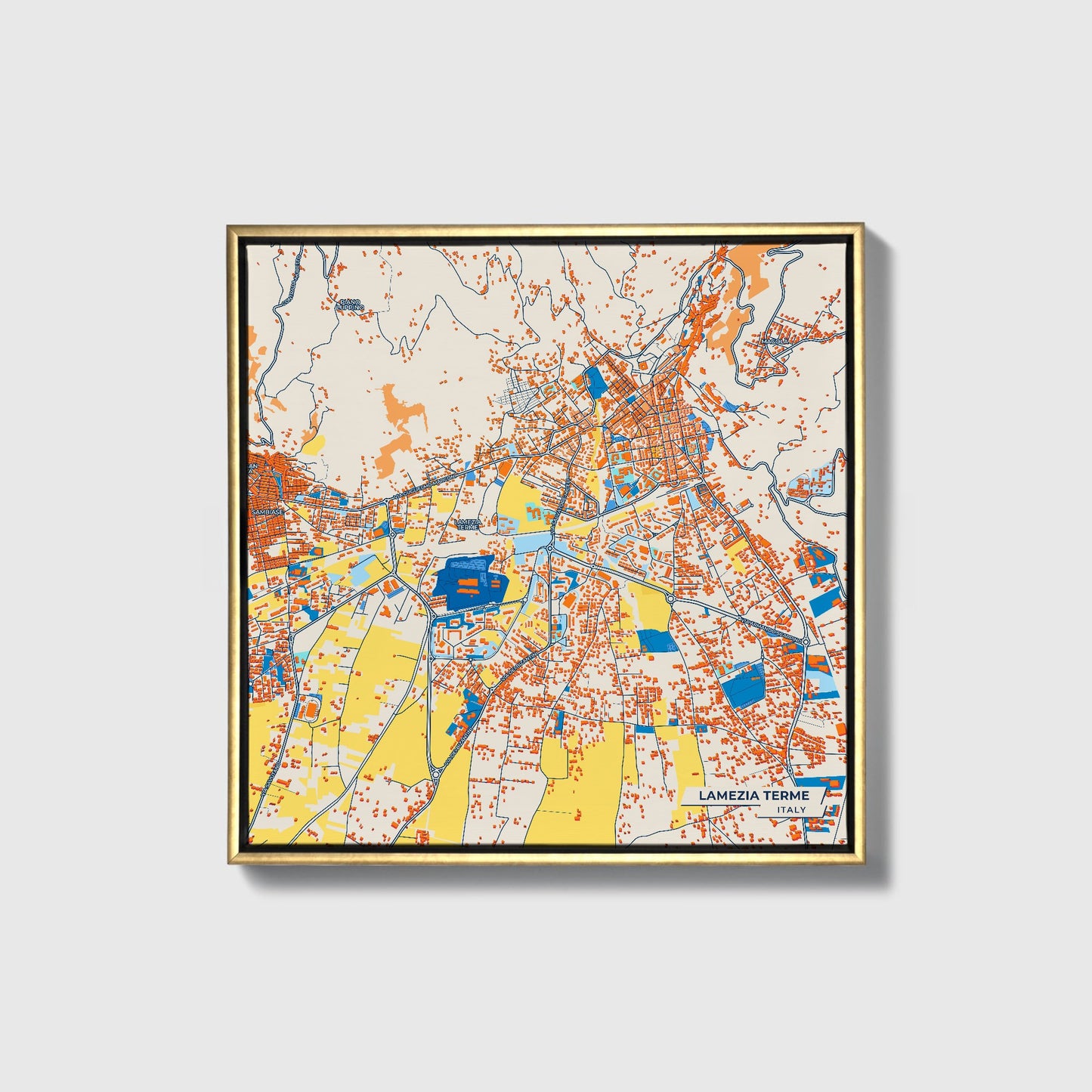 Lamezia Terme Italy Colorful City Map Canvas Print • Gold Framed