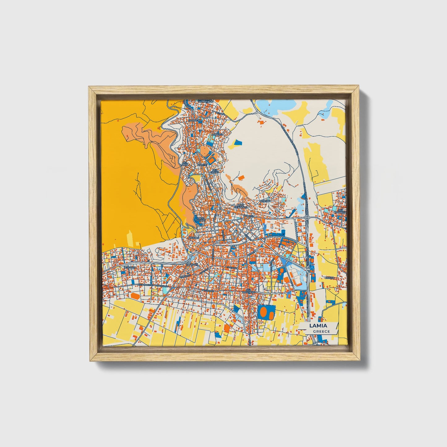 Lamia Greece Colorful City Map Canvas Print • Natural Wooden Framed