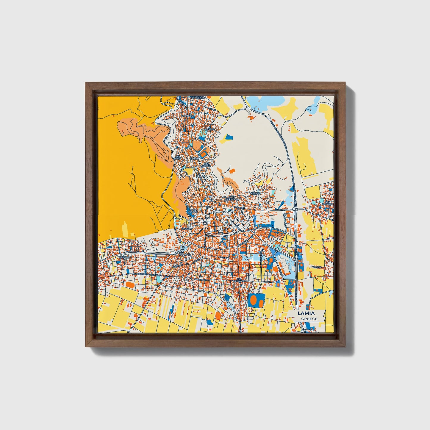 Lamia Greece Colorful City Map Canvas Print • Dark Wooden Framed