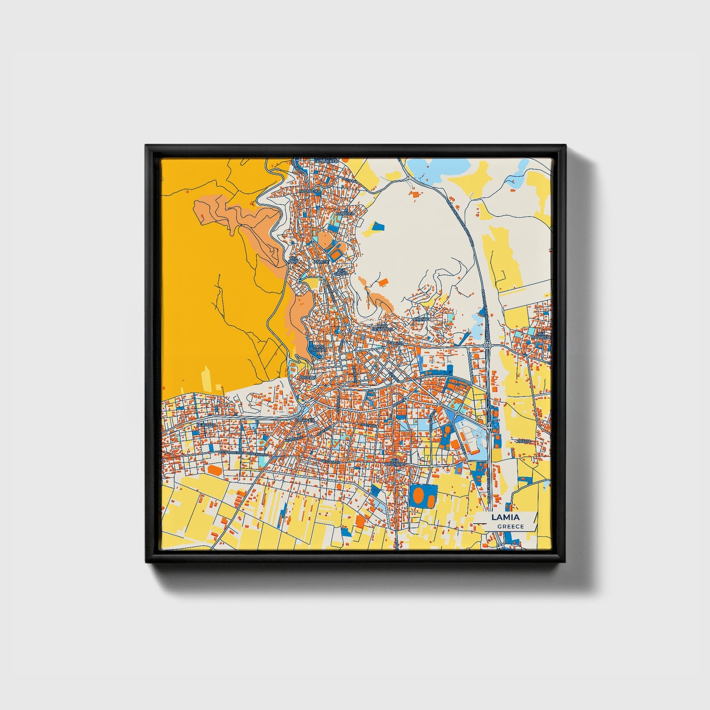 Lamia Greece Colorful City Map Canvas Print • Black Framed