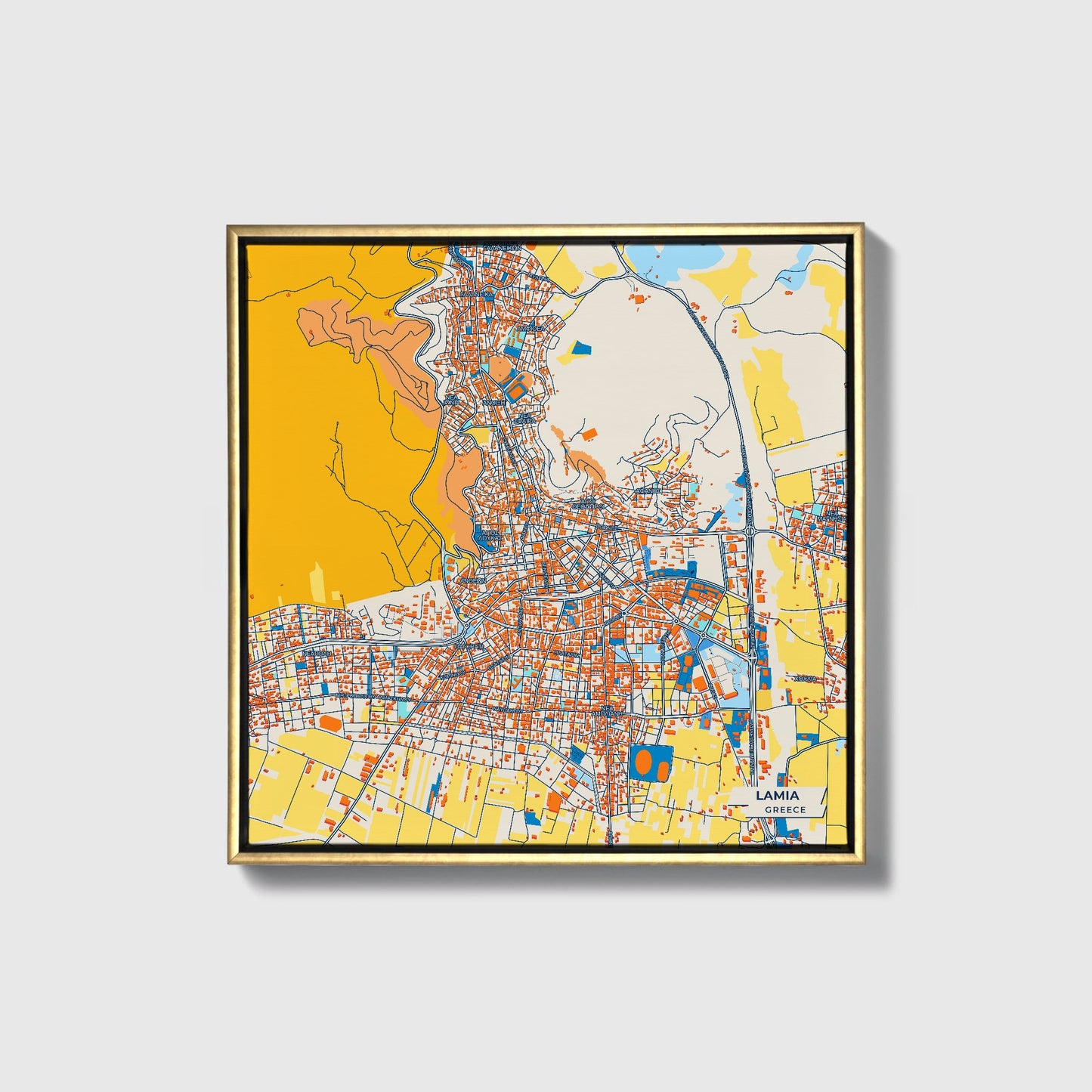 Lamia Greece Colorful City Map Canvas Print • Gold Framed