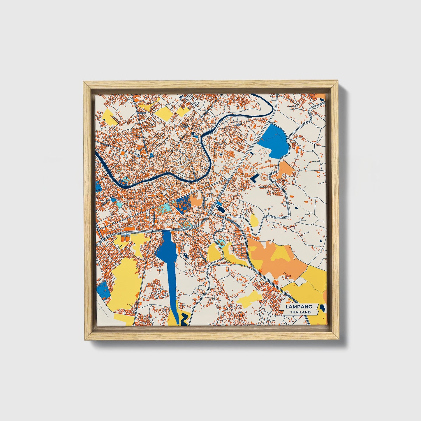 Lampang Thailand Colorful City Map Canvas Print • Natural Wooden Framed