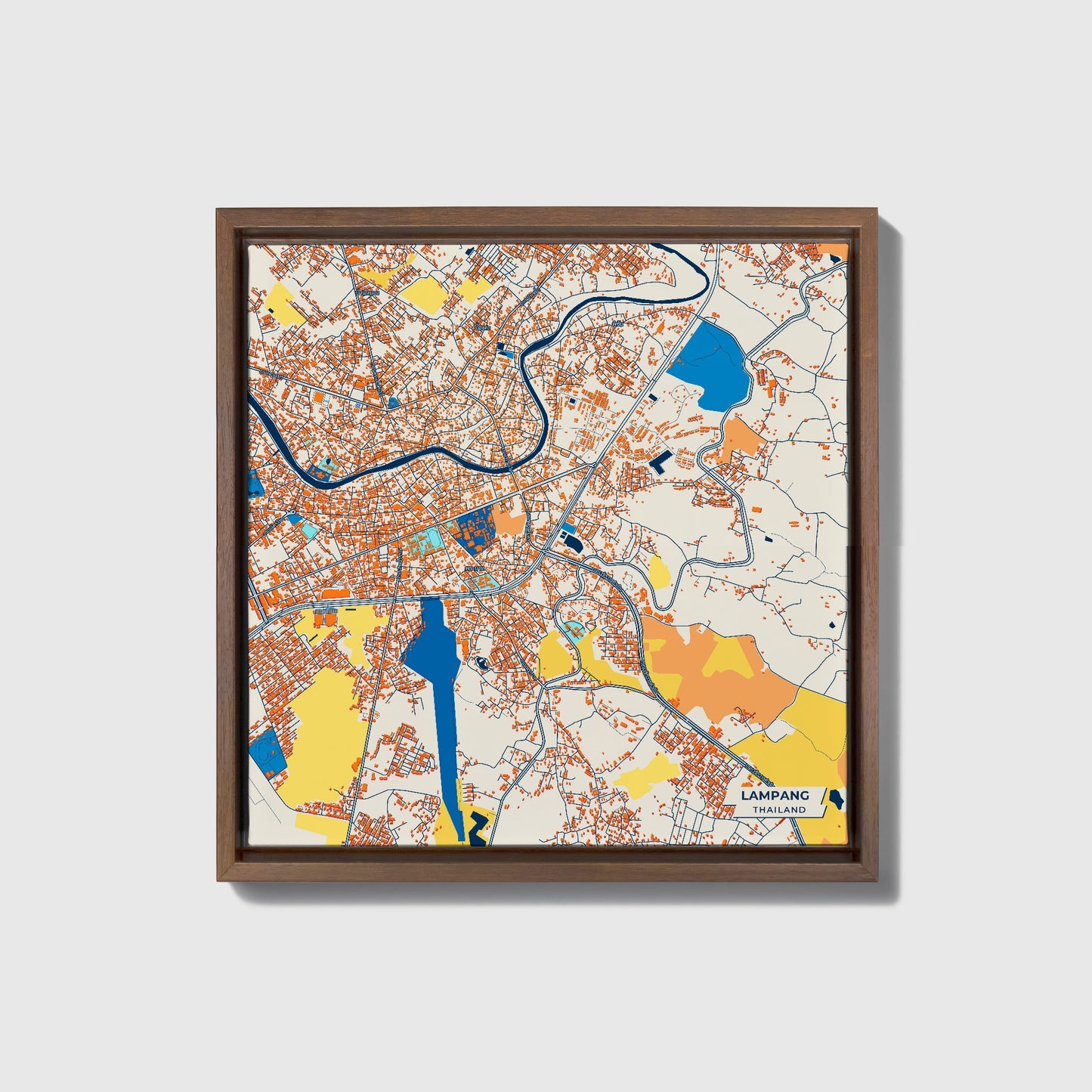 Lampang Thailand Colorful City Map Canvas Print • Dark Wooden Framed