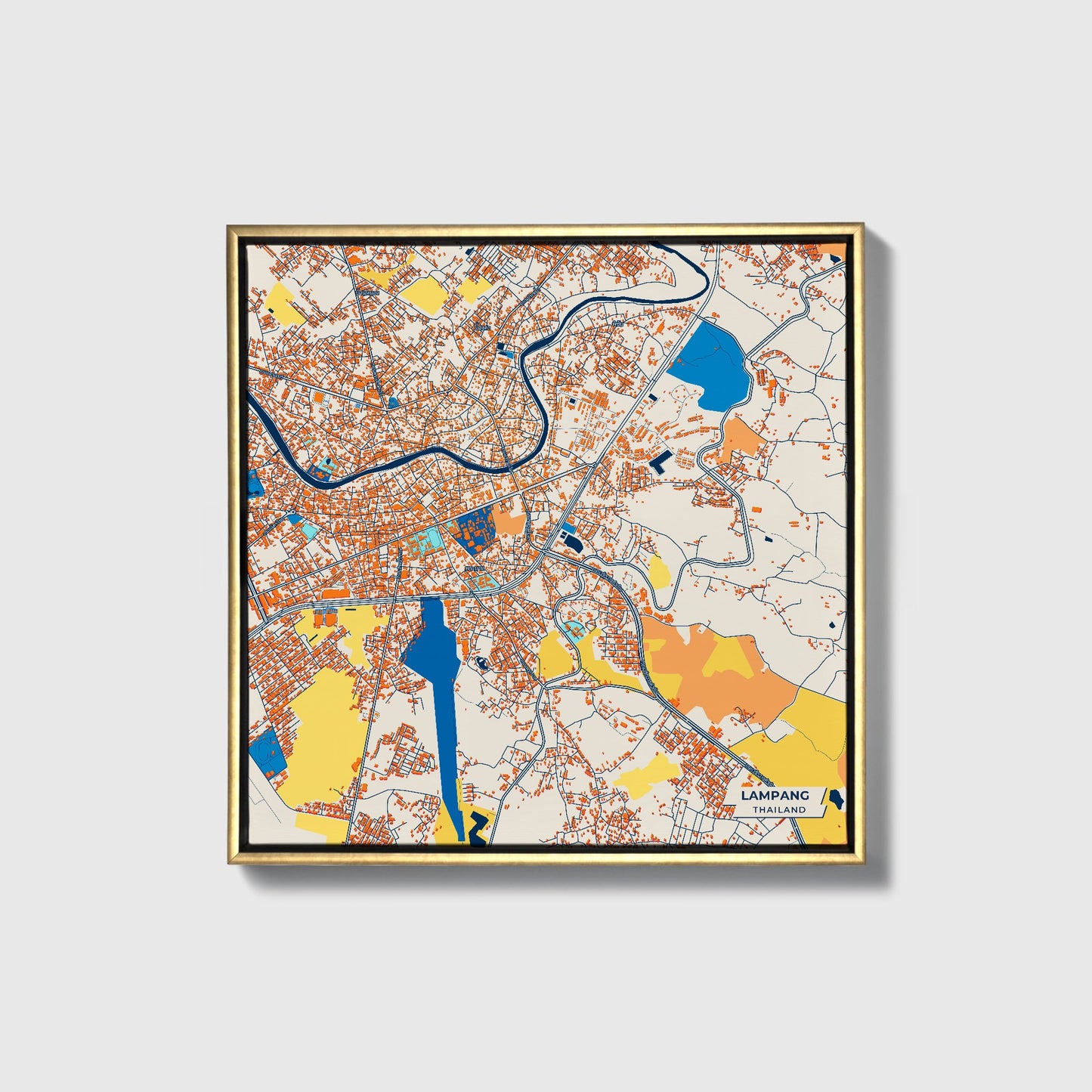 Lampang Thailand Colorful City Map Canvas Print • Gold Framed