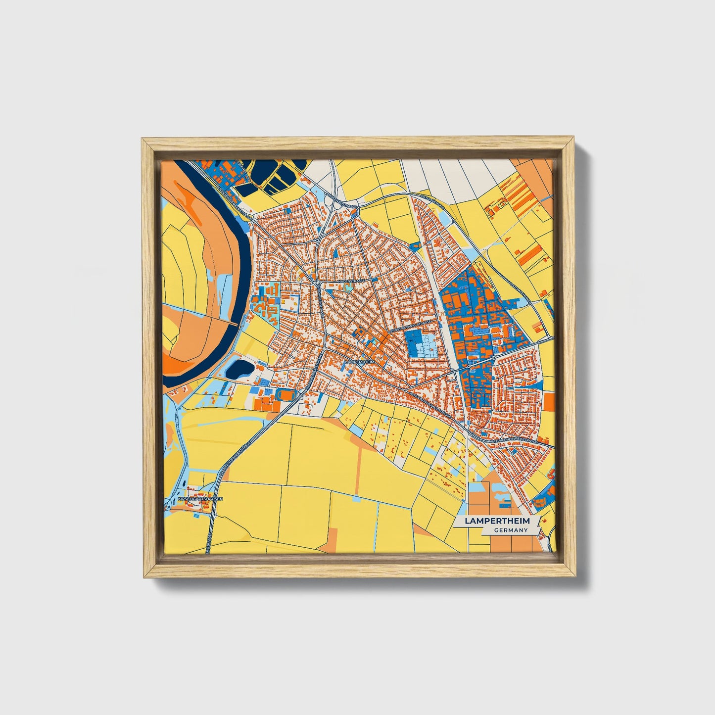 Lampertheim Germany Colorful City Map Canvas Print • Natural Wooden Framed