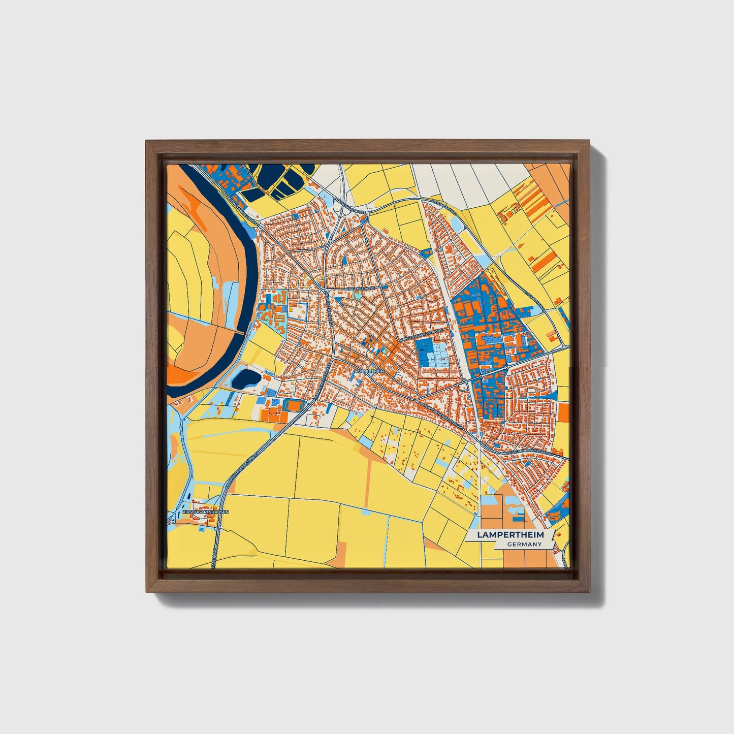 Lampertheim Germany Colorful City Map Canvas Print • Dark Wooden Framed