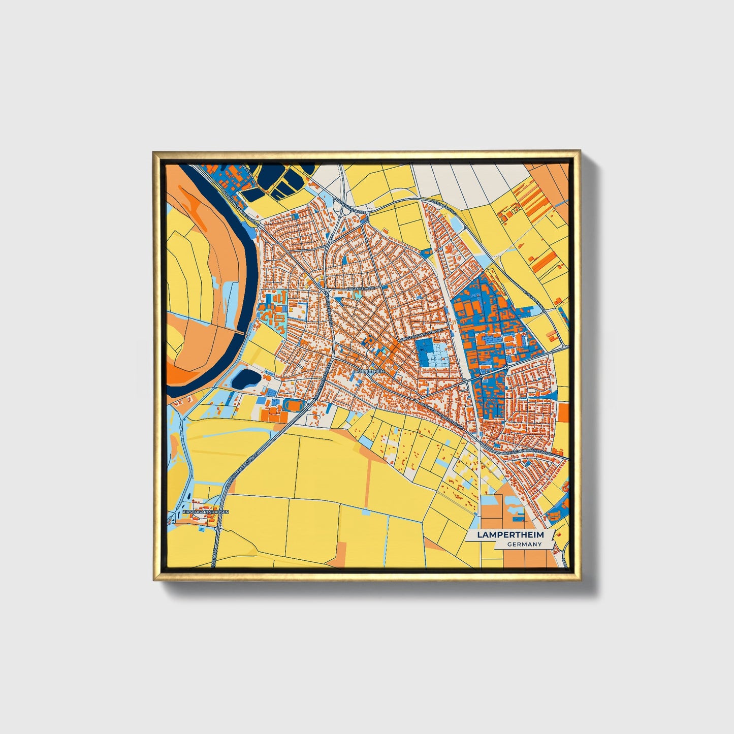 Lampertheim Germany Colorful City Map Canvas Print • Gold Framed