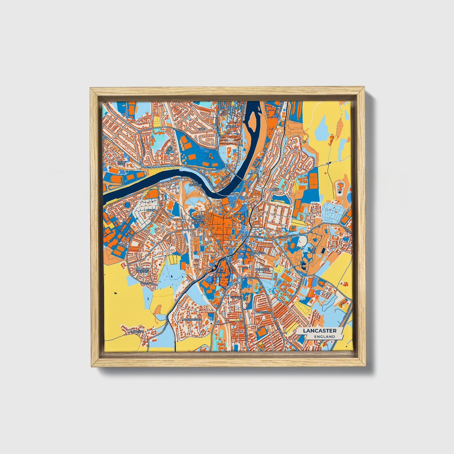 Lancaster England Colorful City Map Canvas Print • Natural Wooden Framed