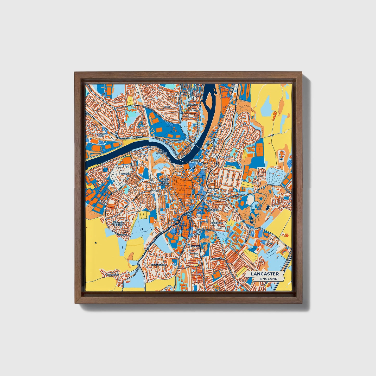 Lancaster England Colorful City Map Canvas Print • Dark Wooden Framed