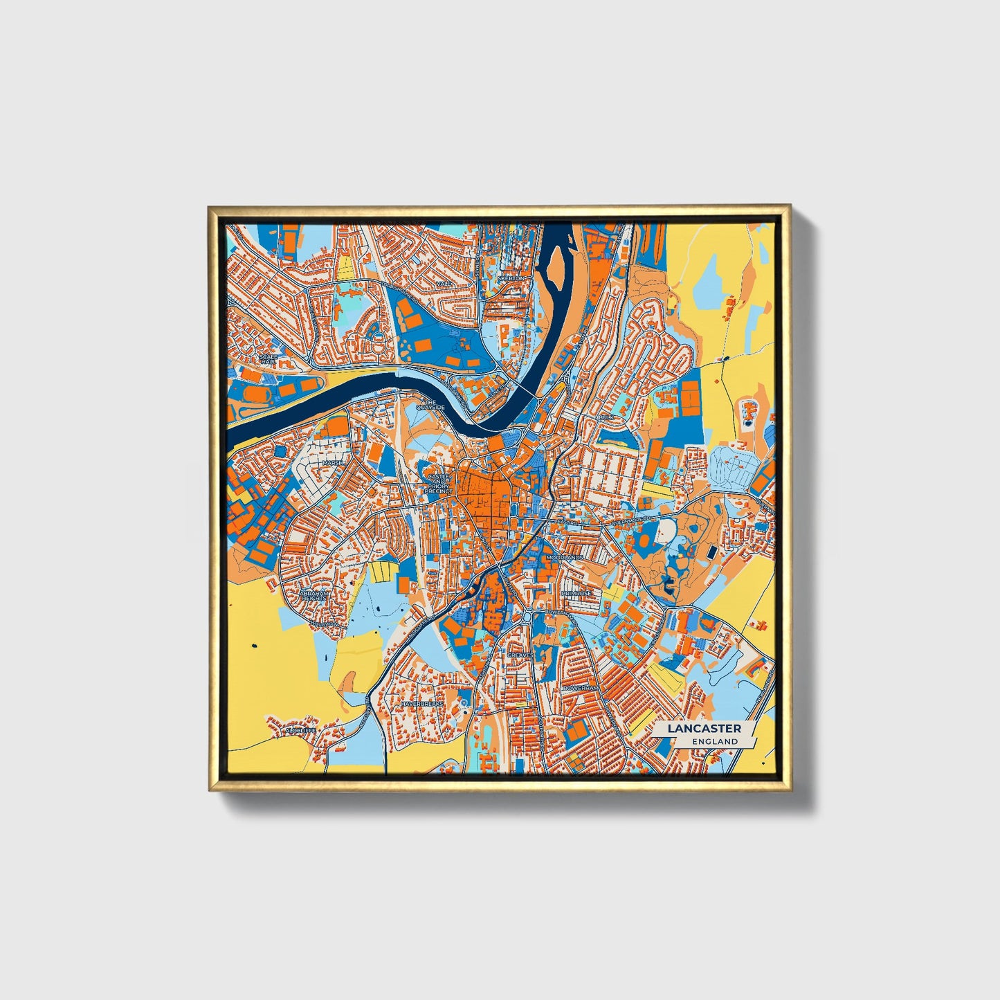 Lancaster England Colorful City Map Canvas Print • Gold Framed