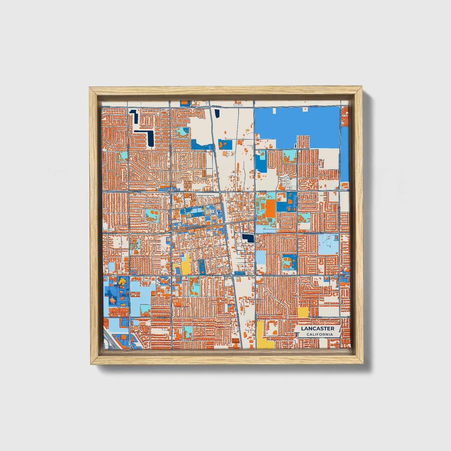 Lancaster California Colorful City Map Canvas Print • Natural Wooden Framed