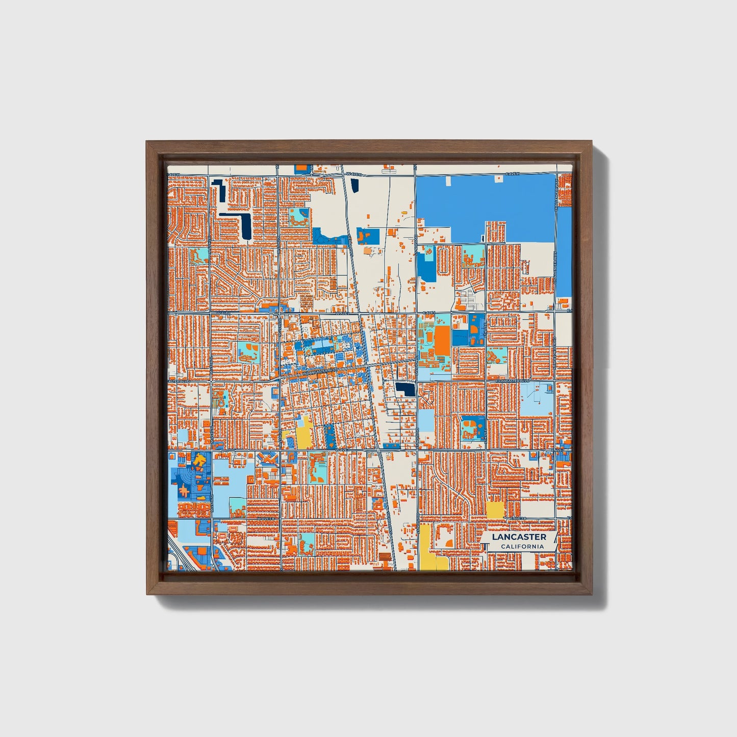 Lancaster California Colorful City Map Canvas Print • Dark Wooden Framed