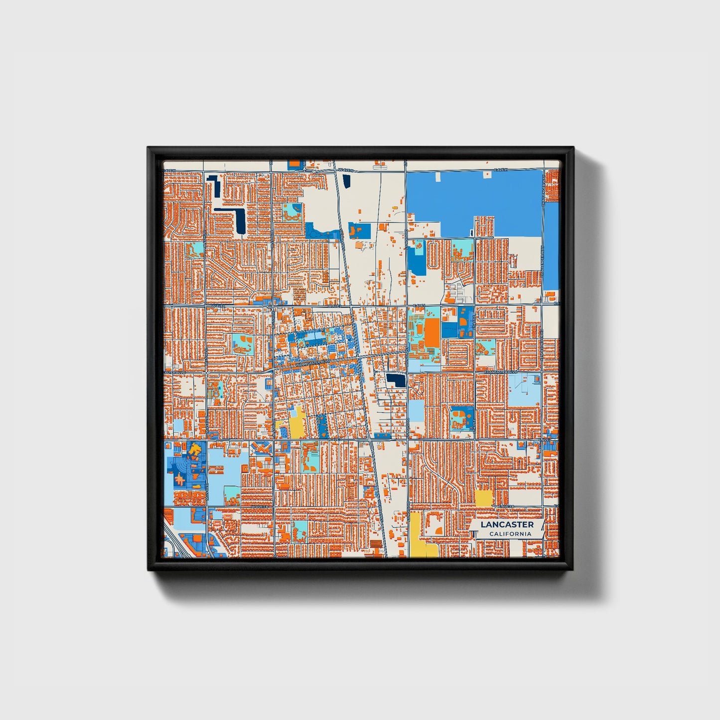 Lancaster California Colorful City Map Canvas Print • Black Framed