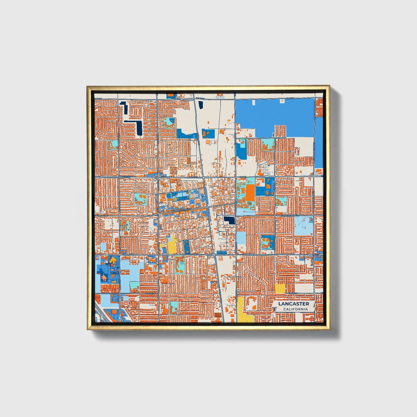Lancaster California Colorful City Map Canvas Print • Gold Framed