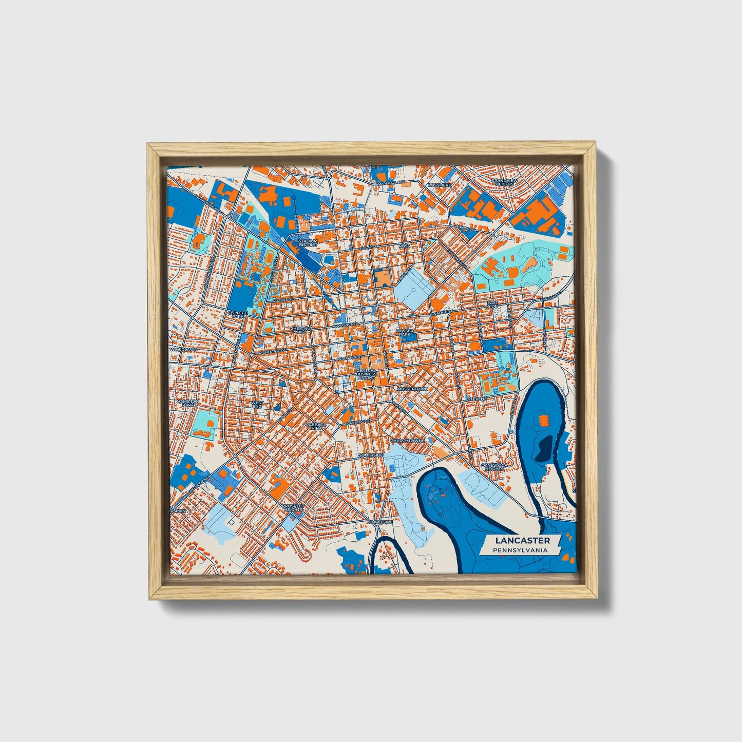 Lancaster Pennsylvania Colorful City Map Canvas Print • Natural Wooden Framed