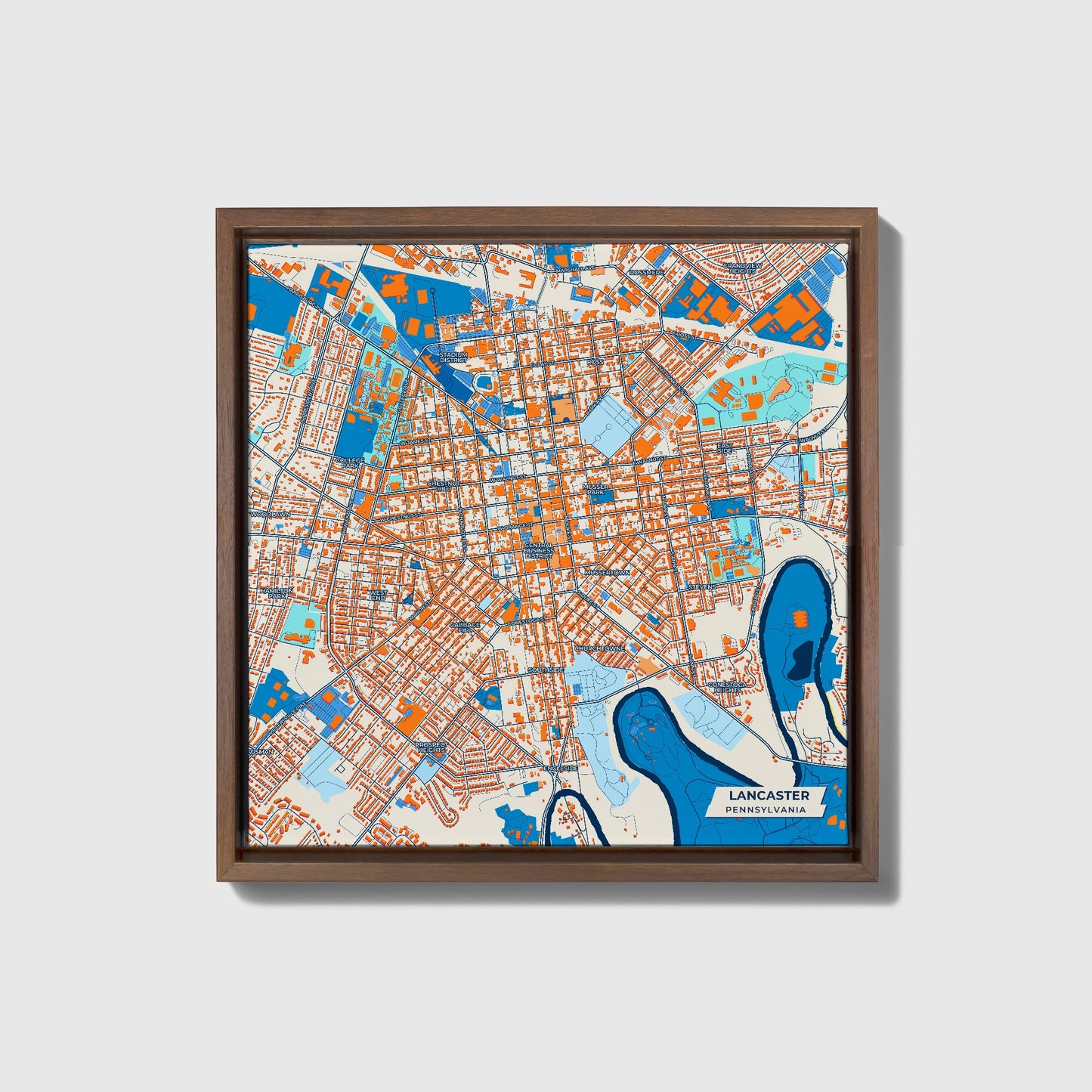 Lancaster Pennsylvania Colorful City Map Canvas Print • Dark Wooden Framed