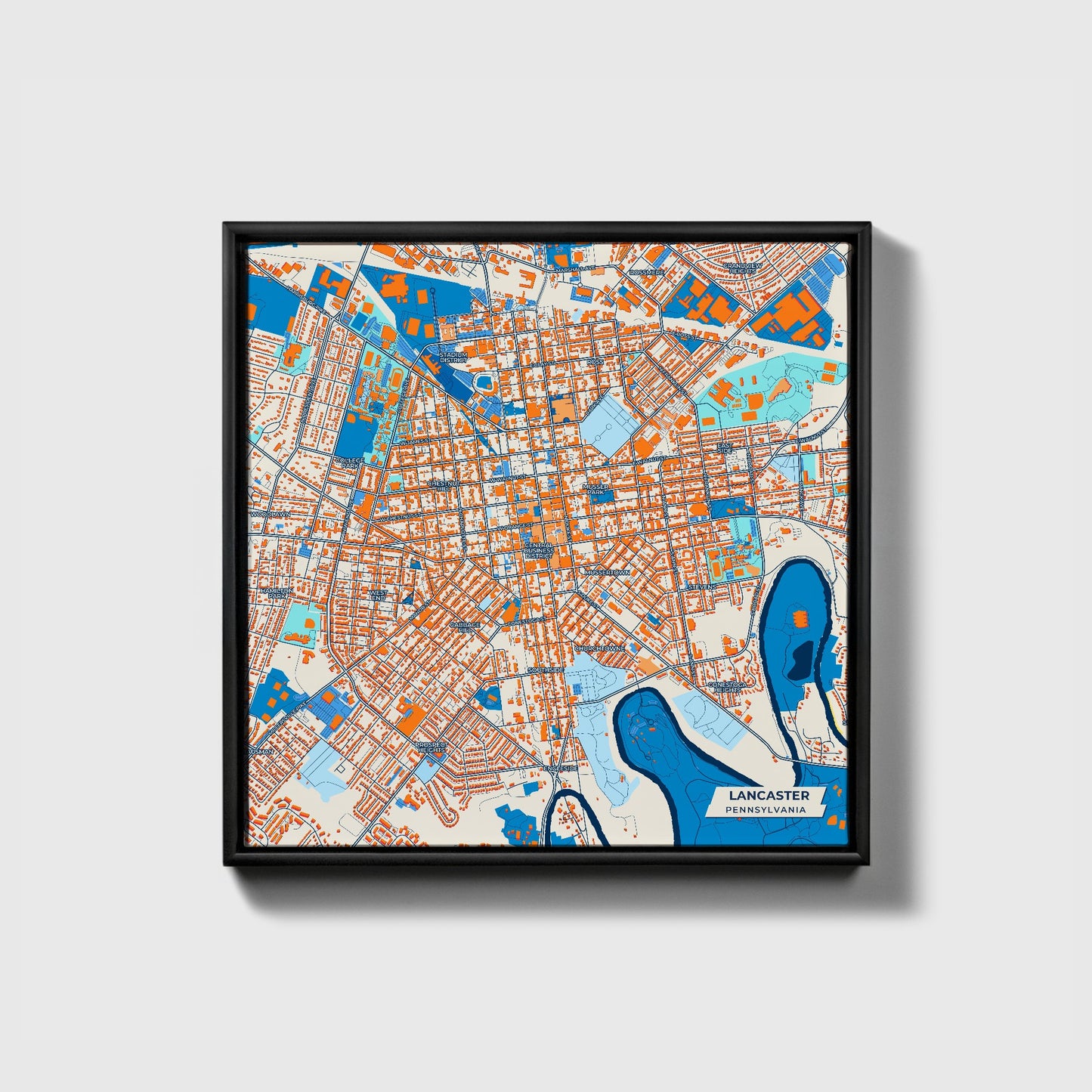 Lancaster Pennsylvania Colorful City Map Canvas Print • Black Framed