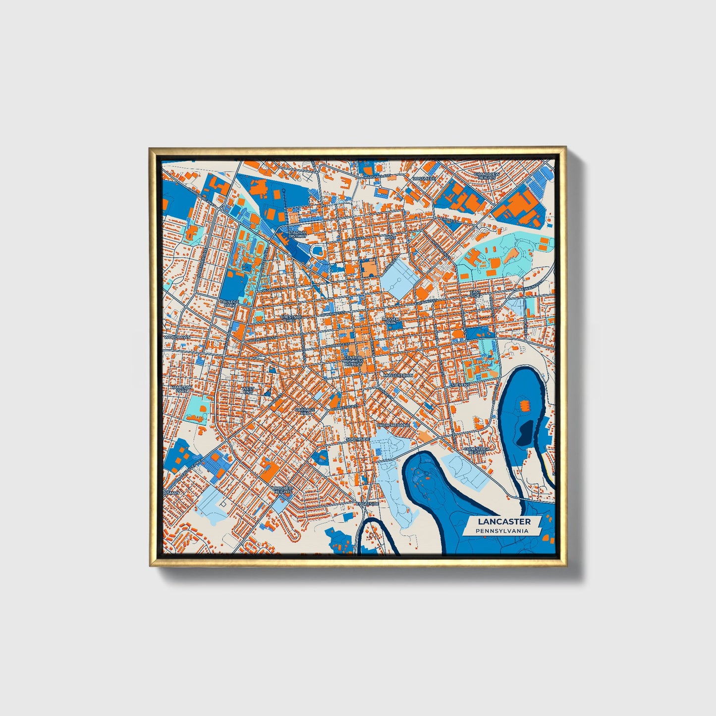 Lancaster Pennsylvania Colorful City Map Canvas Print • Gold Framed