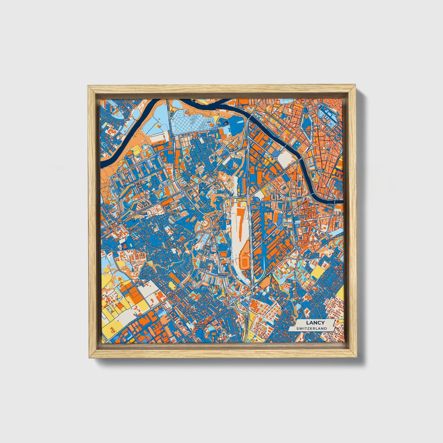 Lancy Switzerland Colorful City Map Canvas Print • Natural Wooden Framed