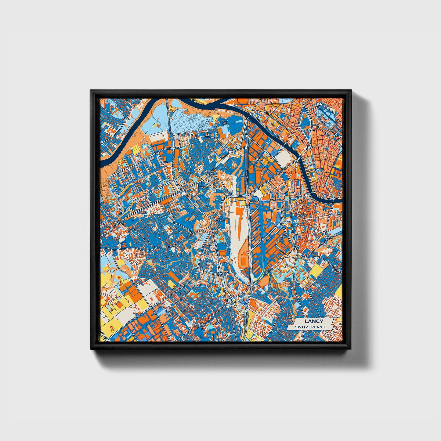 Lancy Switzerland Colorful City Map Canvas Print • Black Framed