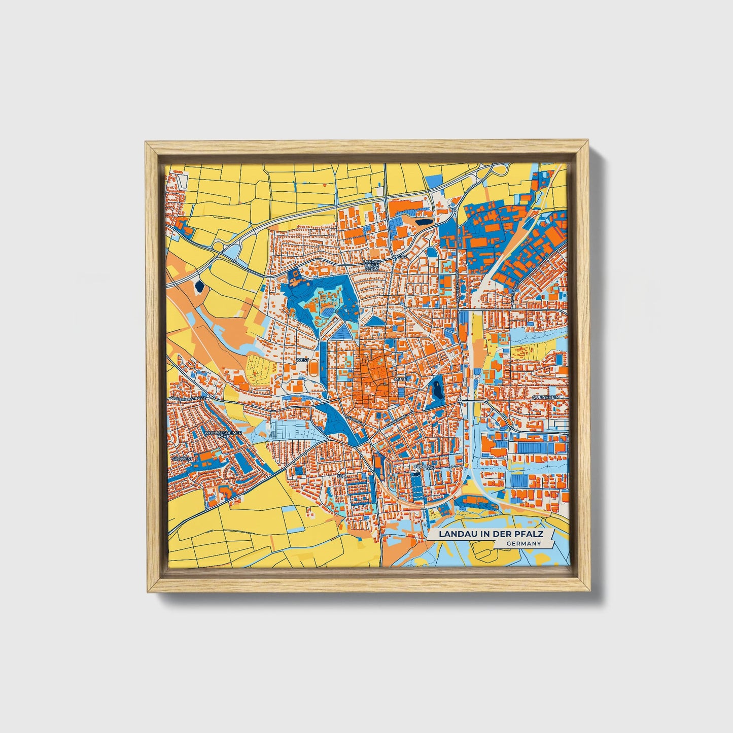 Landau In Der Pfalz Germany Colorful City Map Canvas Print • Natural Wooden Framed