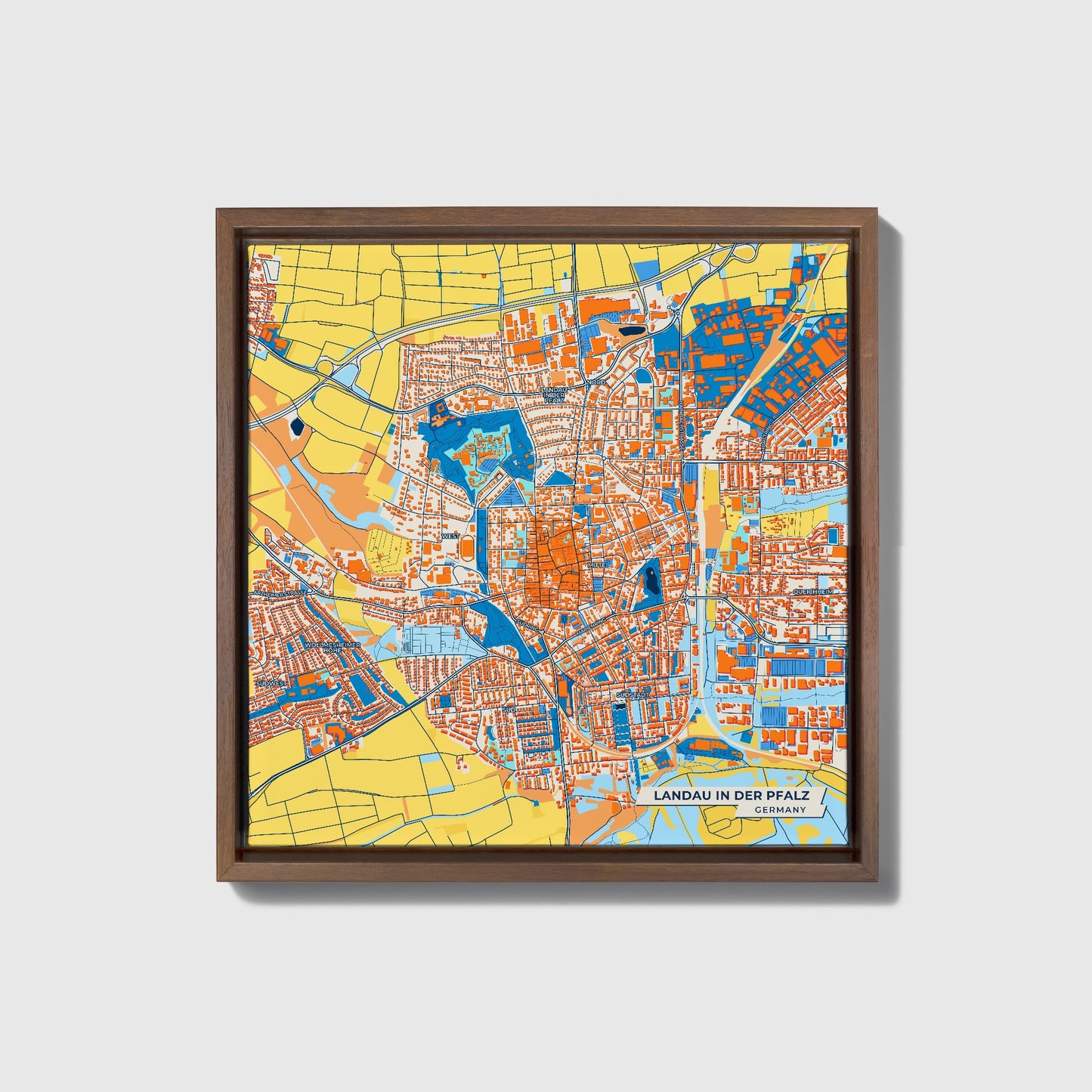 Landau In Der Pfalz Germany Colorful City Map Canvas Print • Dark Wooden Framed
