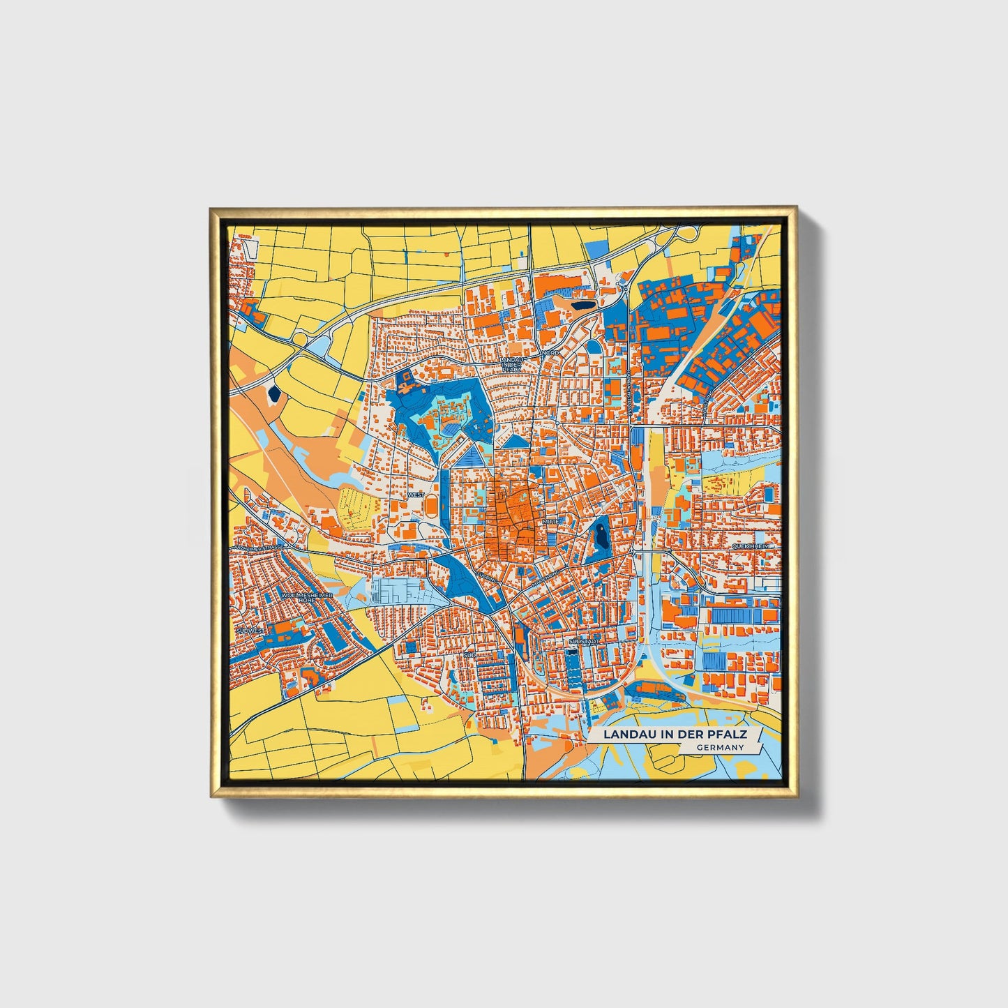 Landau In Der Pfalz Germany Colorful City Map Canvas Print • Gold Framed