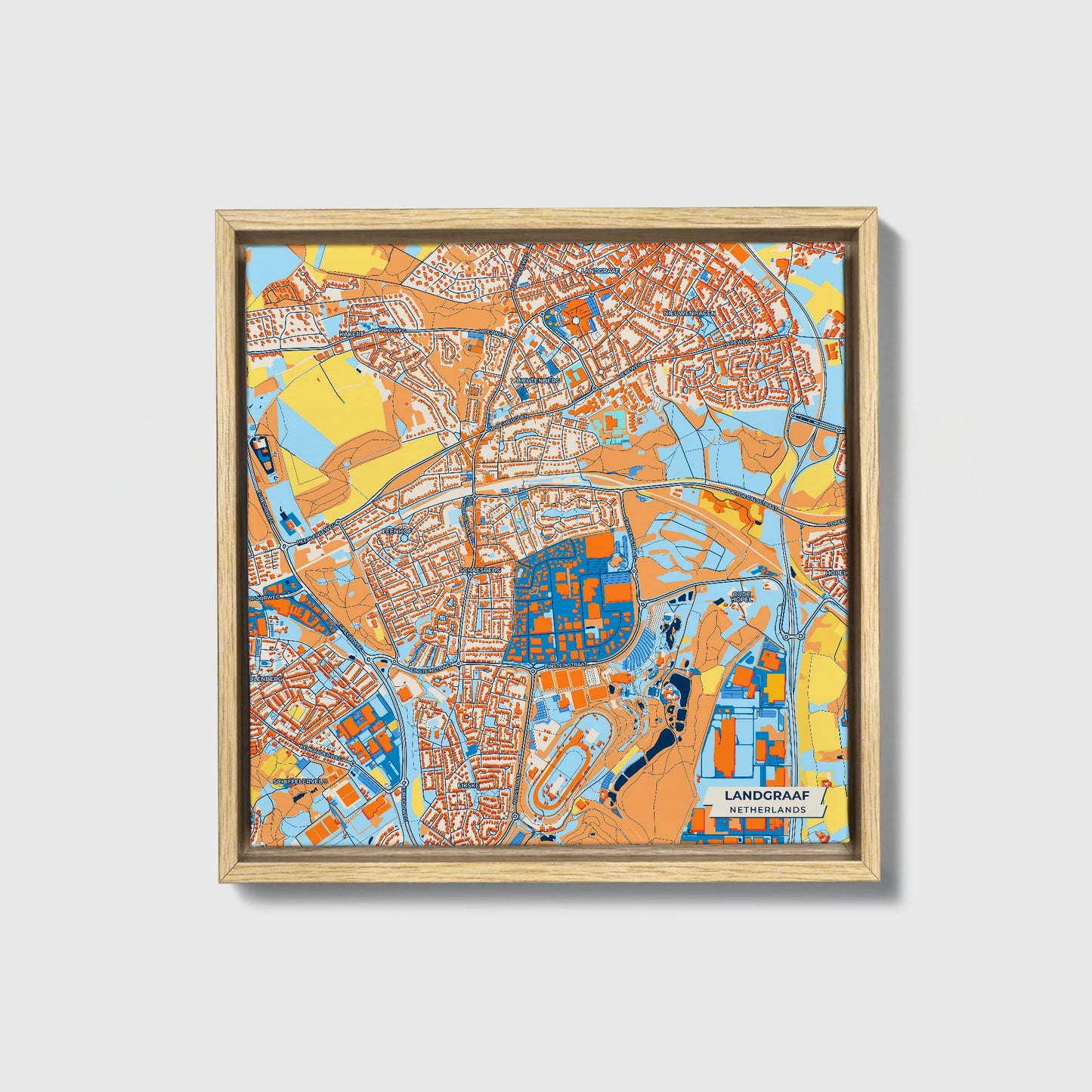 Landgraaf Netherlands Colorful City Map Canvas Print • Natural Wooden Framed