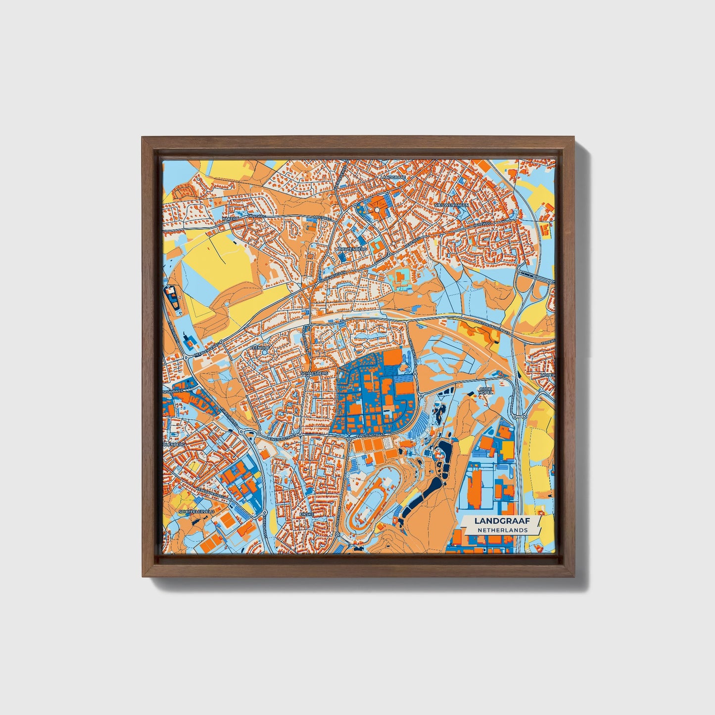 Landgraaf Netherlands Colorful City Map Canvas Print • Dark Wooden Framed
