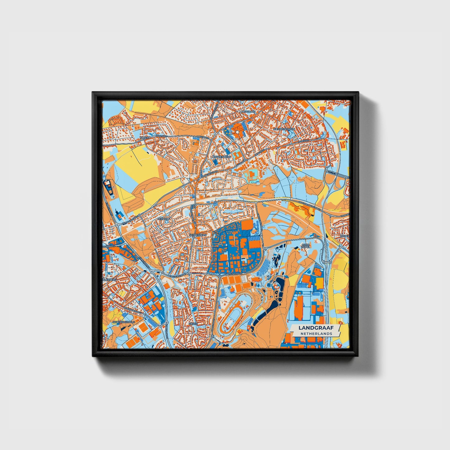 Landgraaf Netherlands Colorful City Map Canvas Print • Black Framed