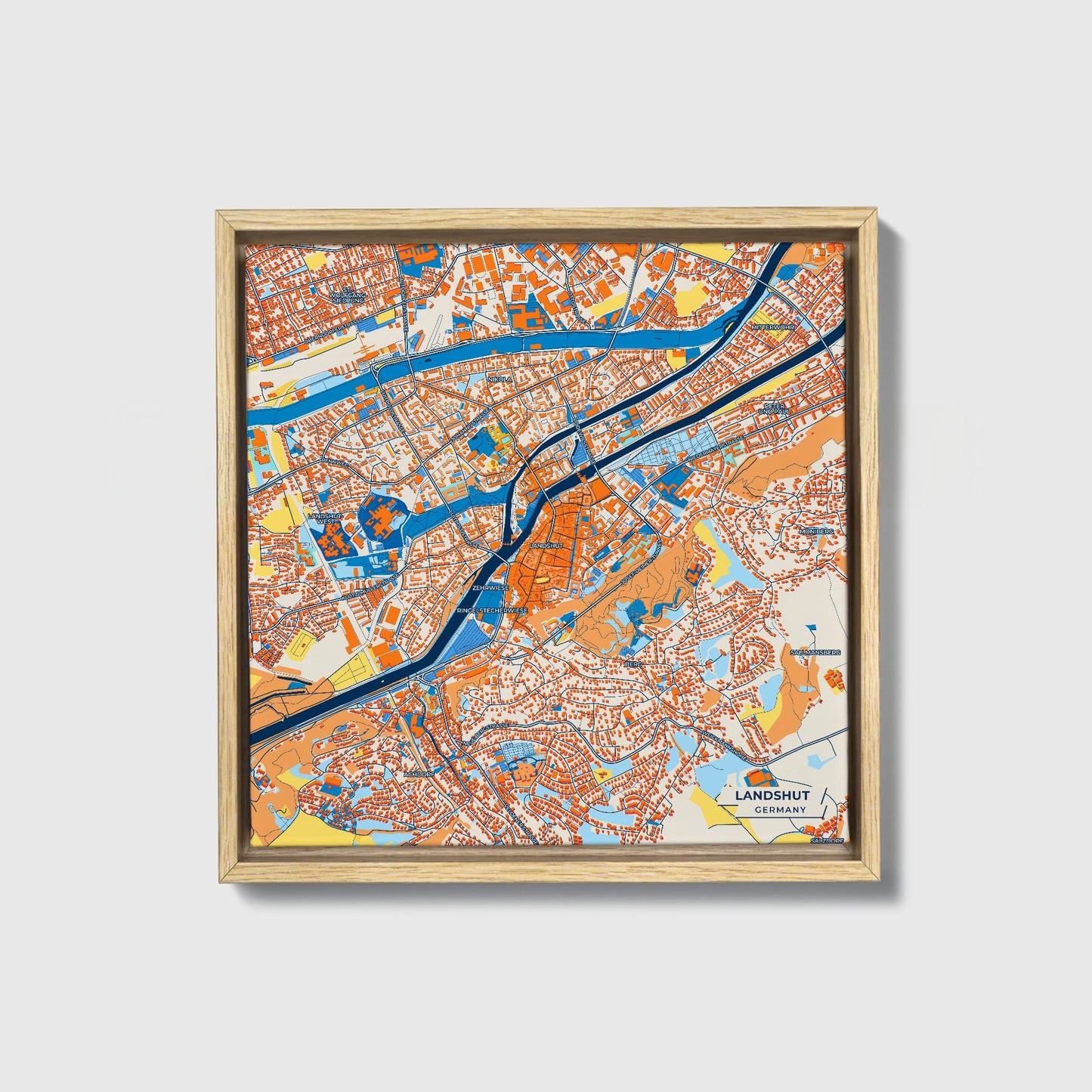 Landshut Germany Colorful City Map Canvas Print • Natural Wooden Framed